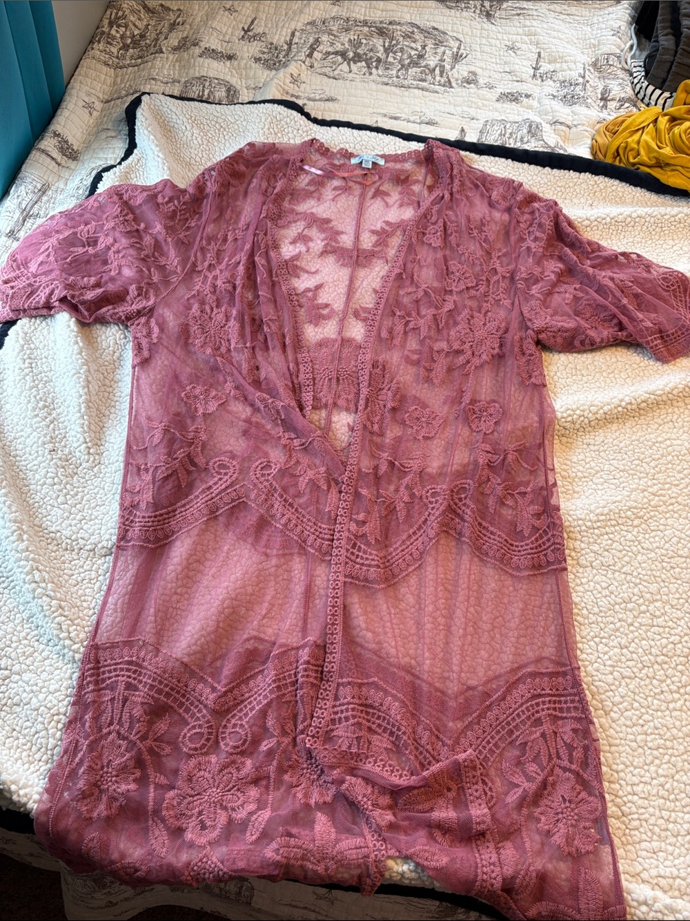 Sheer Lace Kimono Cardigan - Mauve Pink